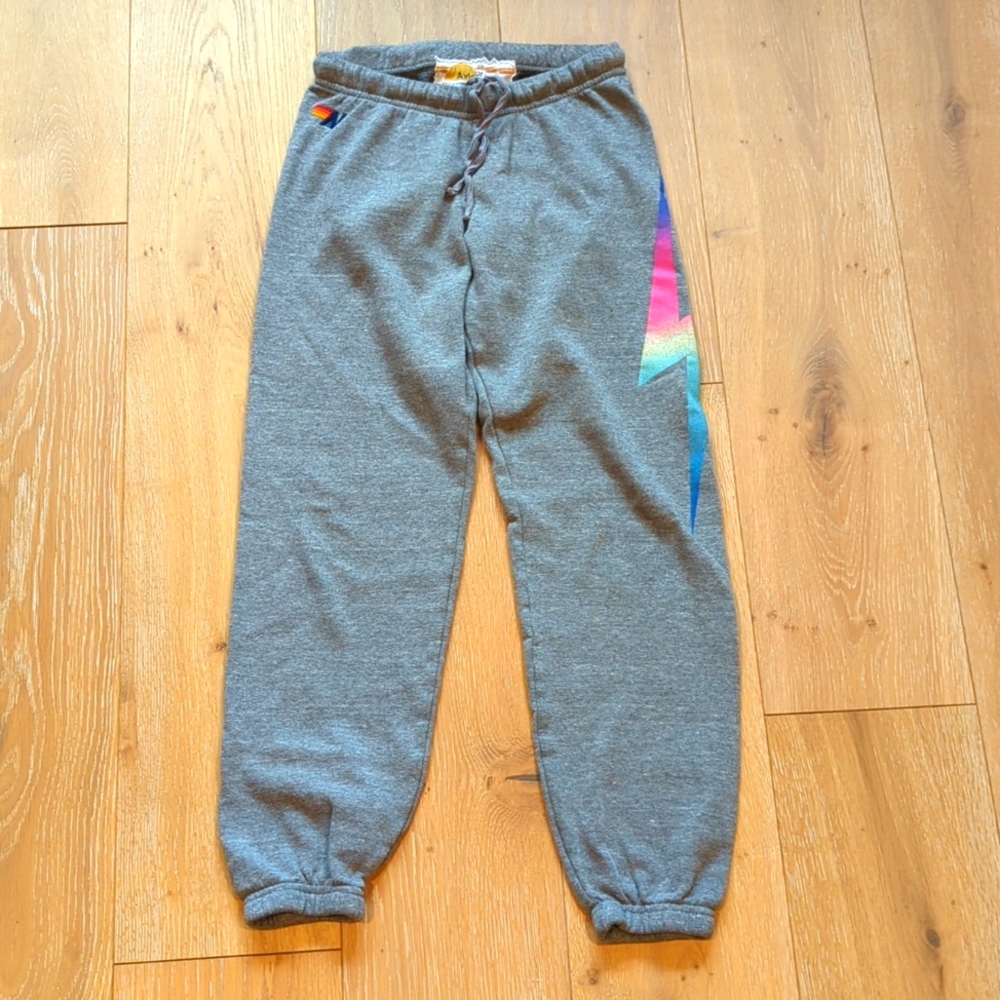 Aviator Nation neon rainbow bolt sweatpants sz XS